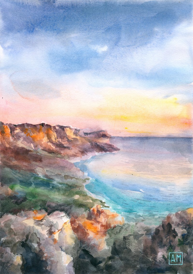 夕日のアートワークと海の風景手描き水彩画紙に - ウォールデコ・壁紙 - その他の素材 