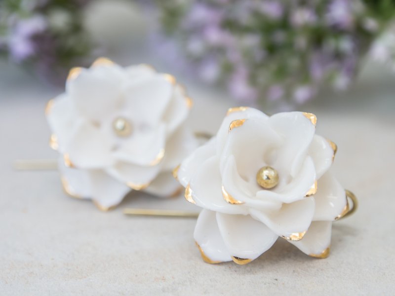Thai Blossom ~ white & gold porcelain flower hook earrings - Earrings & Clip-ons - Pottery White