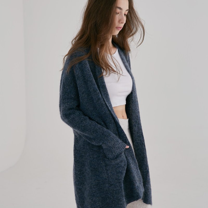 Long sleeve knitted jacket - Indigo - สเวตเตอร์ผู้หญิง - ขนแกะ สีน้ำเงิน