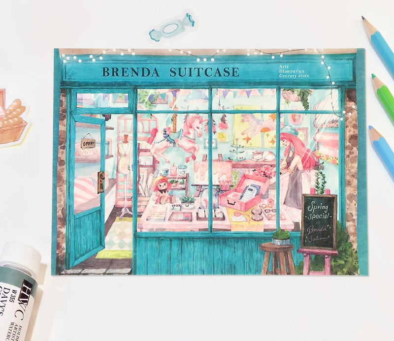 Ideal grocery store / original hand-painted illustration postcard - การ์ด/โปสการ์ด - กระดาษ 
