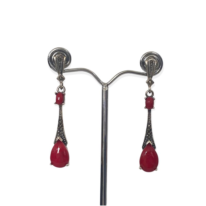 Art Deco Style Long Teardrop Earrings Red Coral & Marcasite 925 Sterling Silver - 耳環/耳夾/耳骨夾 - 純銀 紅色