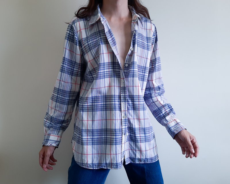TALBOTS Plaid Flannel Shirt Oversized Style Cream Blue Pink Plaid Shirt - เสื้อเชิ้ตผู้ชาย - ผ้าฝ้าย/ผ้าลินิน สีน้ำเงิน
