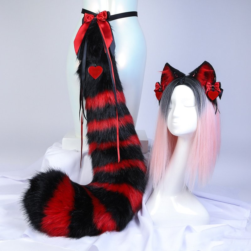 Black And Red Cheshire Cat Ears and Tail Set Faux Fur Ears and Tail Set - 髮夾/髮圈 - 其他人造纖維 紅色