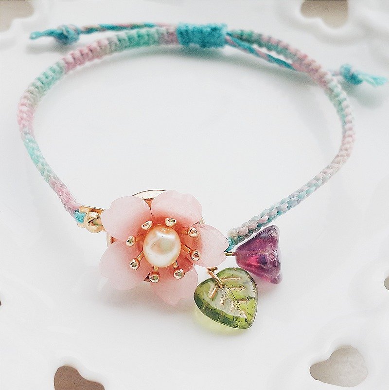 momolico cherry blossom woven bracelet spring adjustable size - สร้อยข้อมือ - วัสดุอื่นๆ สึชมพู