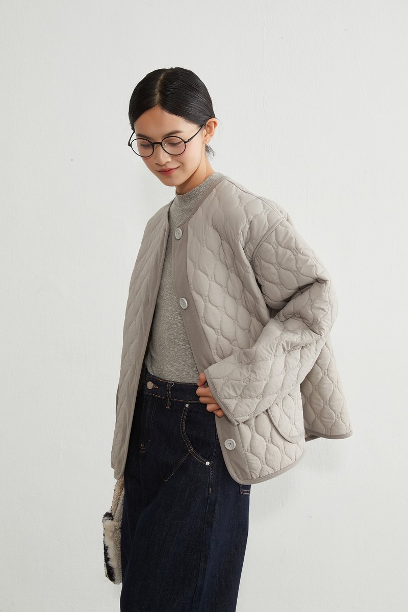 迷你蘑菇圖樣 雙面鋪棉圓領長袖外套 - 女大衣/外套 - 聚酯纖維 灰色