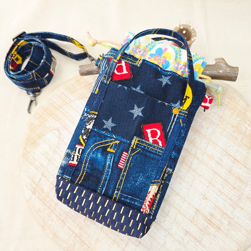 星星牛仔束口手提斜挎手機包 - 側背包/斜背包 - 棉．麻 藍色