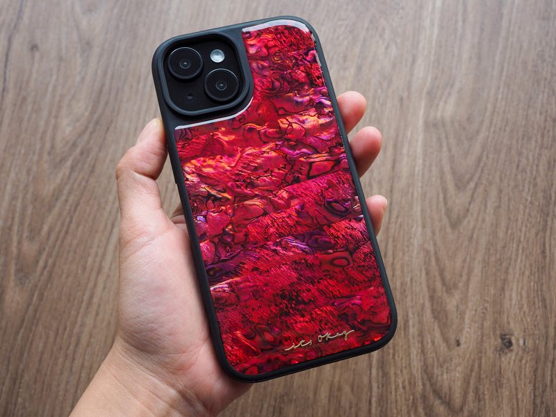 紅色 鮑魚貝殼 手工手機殼 適用iPhone16,15,14,13,12,11 Pro Max - 手機殼/手機套 - 貝殼 紅色