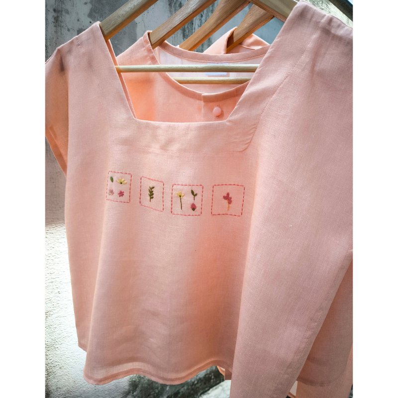 Embroidery | Linen | Square neck shirt, Peach - 女襯衫 - 棉．麻 粉紅色