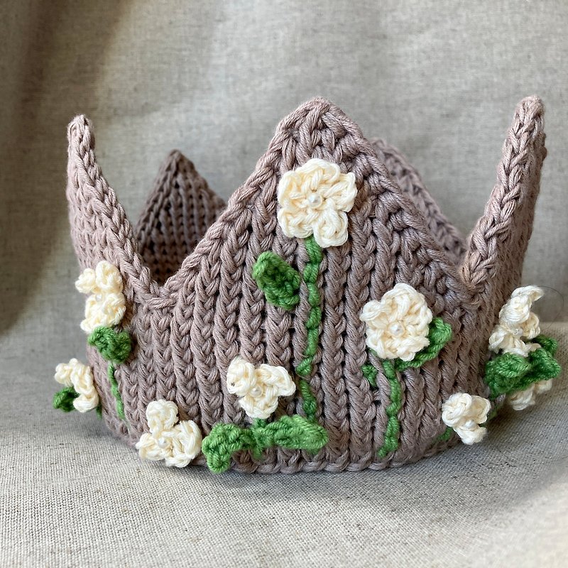 1st Birthday headband, Embroidered newborn crown, Baby girl crown, Toddler crown - 髮夾/髮飾 - 棉．麻 灰色