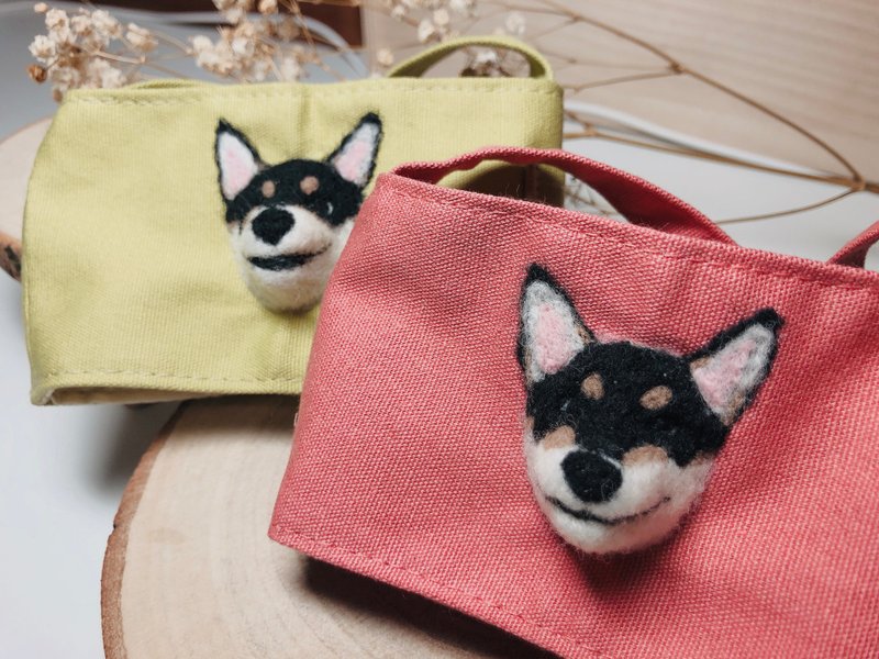 羊毛氈客製寵物杯套-黑柴 - 飲料提袋/杯套 - 羊毛 卡其色