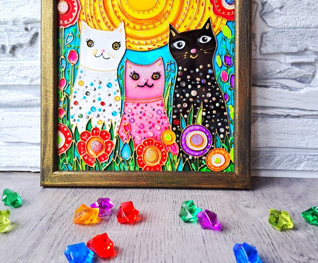 CAT PAINTING, Stained outlet glass painting, Colorful cat