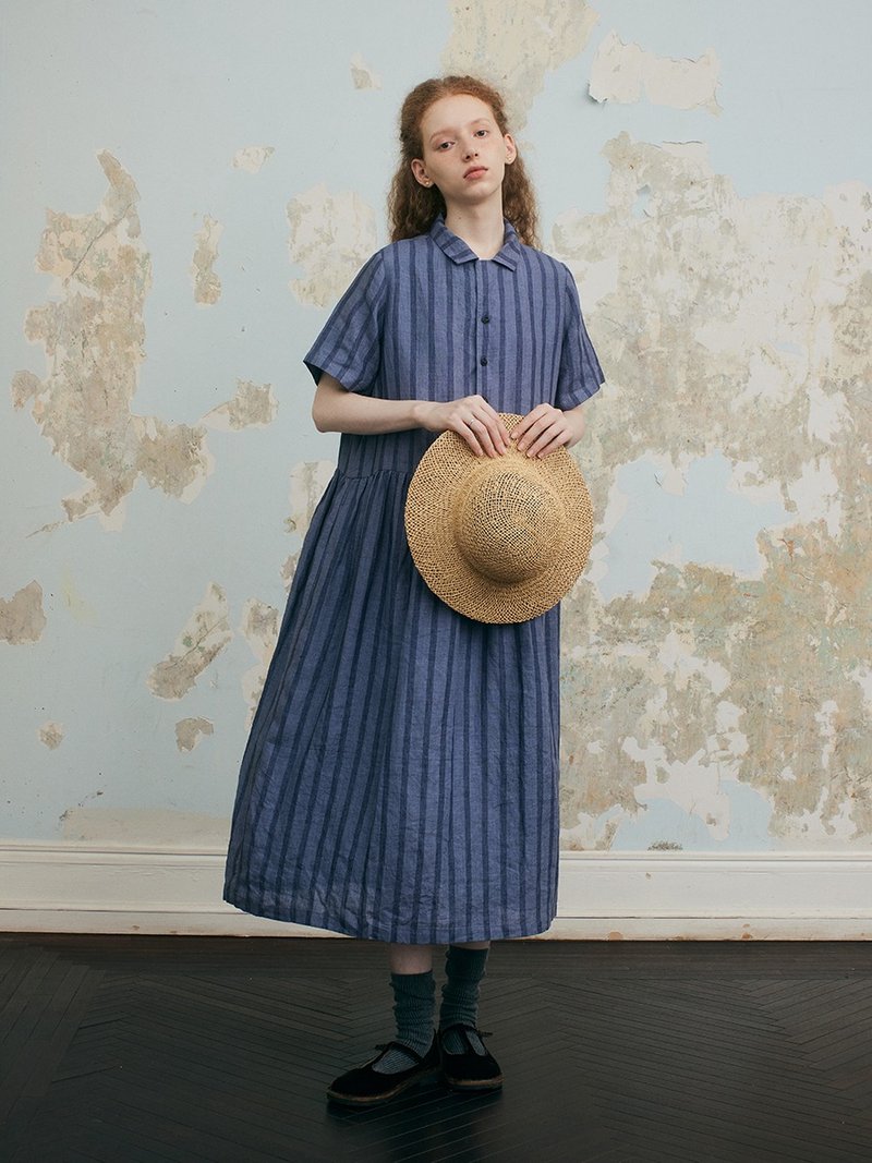 French retro holiday striped loose art linen dress - ชุดเดรส - ผ้าฝ้าย/ผ้าลินิน สีน้ำเงิน