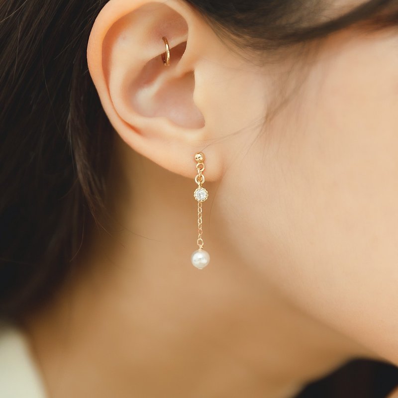 Fine Set Solitaire Diamond 925 Sterling Silver 18k Gold Plated Drop Pearl Earrings Clip-On - ต่างหู - เงินแท้ สีทอง