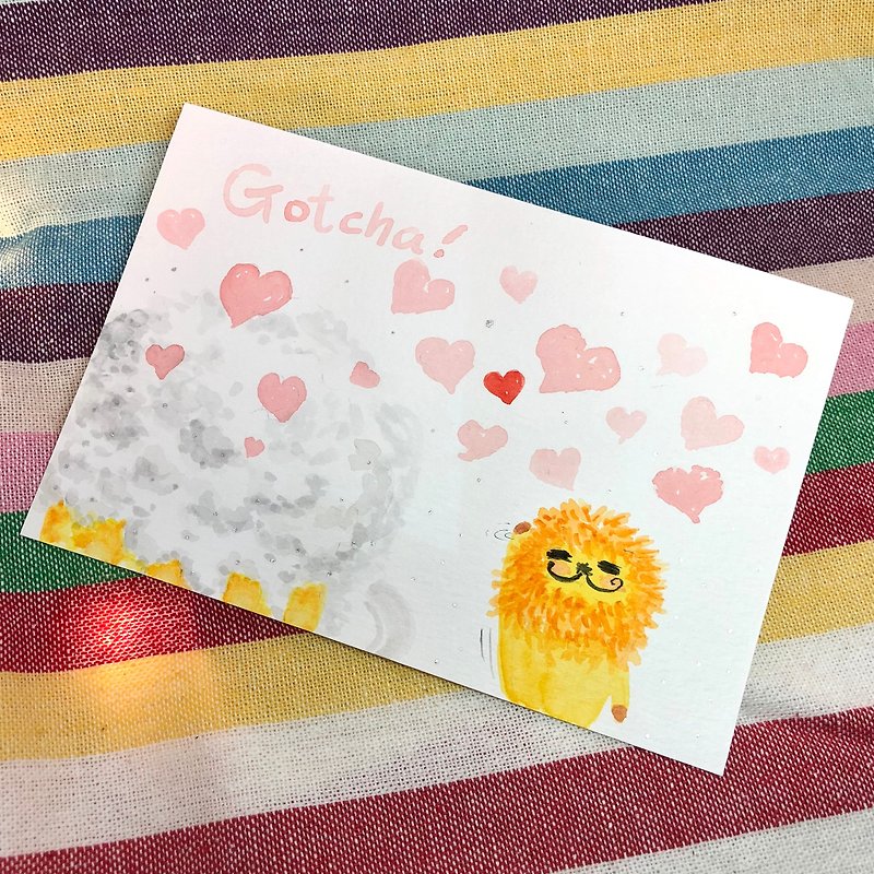 KaaLeo Hand-painted postcard - Gotcha (Love) Lion Lion ライオン - Cards & Postcards - Paper Pink