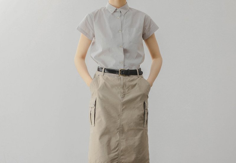 French retro intellectual style fine check brown cotton shirt - Women's Tops - Cotton & Hemp Gray
