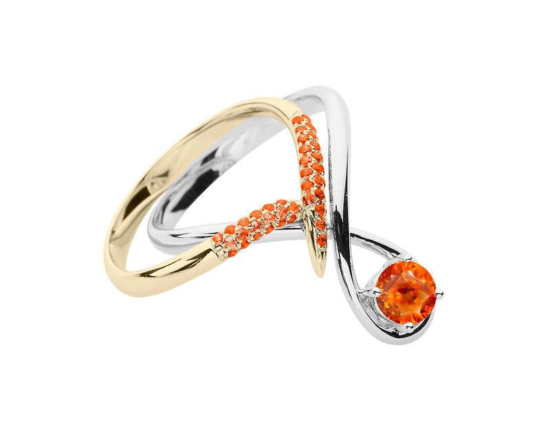 14K gold wedding set with orange sapphire engagement ring & pave bridal band - Couples' Rings - Precious Metals Orange