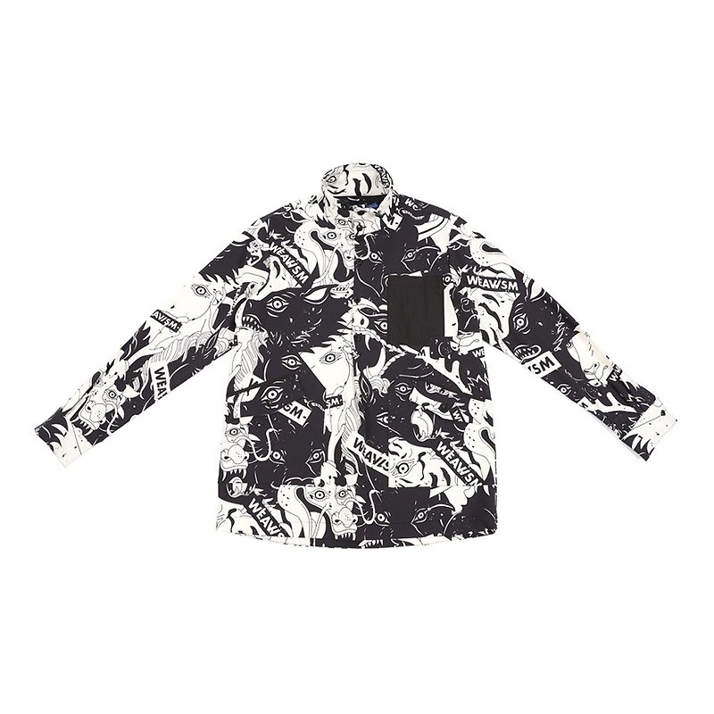Shelt Half-breasted Collage High Collar Jacket-Zodiac (Black) - เสื้อโค้ทผู้ชาย - ผ้าฝ้าย/ผ้าลินิน สีดำ