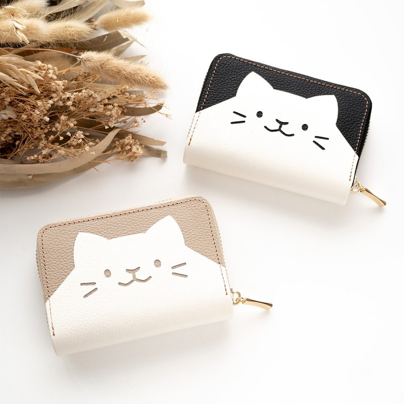 お札が折れない コンパクトウォレット ねこ 【 シュリンクレザー 】 本革 ミニ財布 猫 プレゼント HW23K - 錢包/皮夾/長短夾 - 真皮 黑色