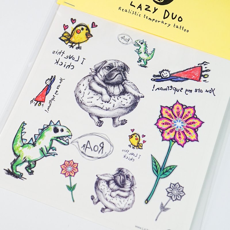 手繪可愛有趣兒童插畫刺青紋身貼紙小雞超人恐龍搞笑好玩具治療癒 - 紋身貼紙 - 紙 多色