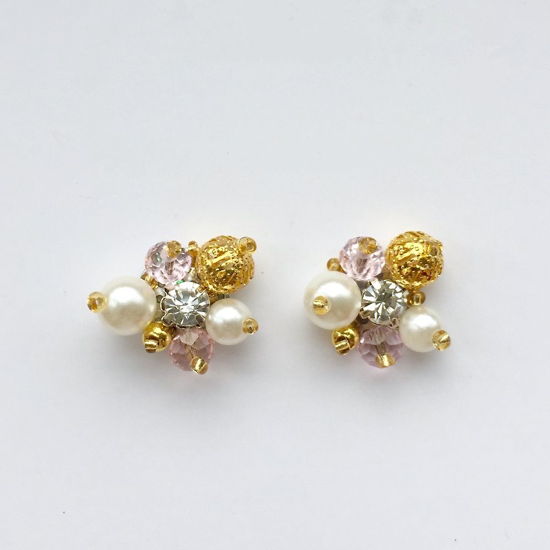 可改耳夾式！日式精緻粉色水鑽水晶❤️串珠珍珠花盤❤️耳環 - 耳環/耳夾 - 寶石 金色