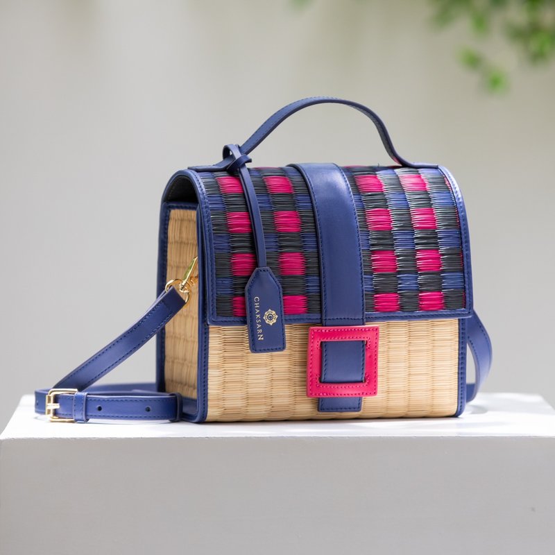 Woven Straw Summer Crossbody Bag Blue Pink and Natural  Color Handbag - Handbags & Totes - Genuine Leather Blue