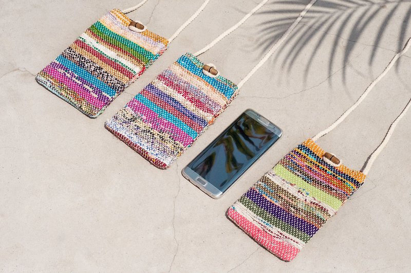 Hand-woven saree line mobile phone bag/mobile phone case/shoulder bag/ leisure card case/travel bag-watercolor stripes - Phone Cases - Cotton & Hemp Multicolor