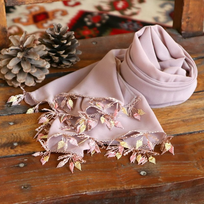 PREMIUM OYA lace chiffon shawl【LEAF】Cocoa - ผ้าพันคอ - ไฟเบอร์อื่นๆ สีนำ้ตาล