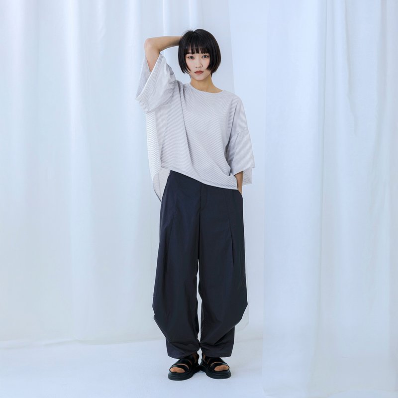 滑料立體側抓褶褲 - 女長褲 - 棉．麻 藍色