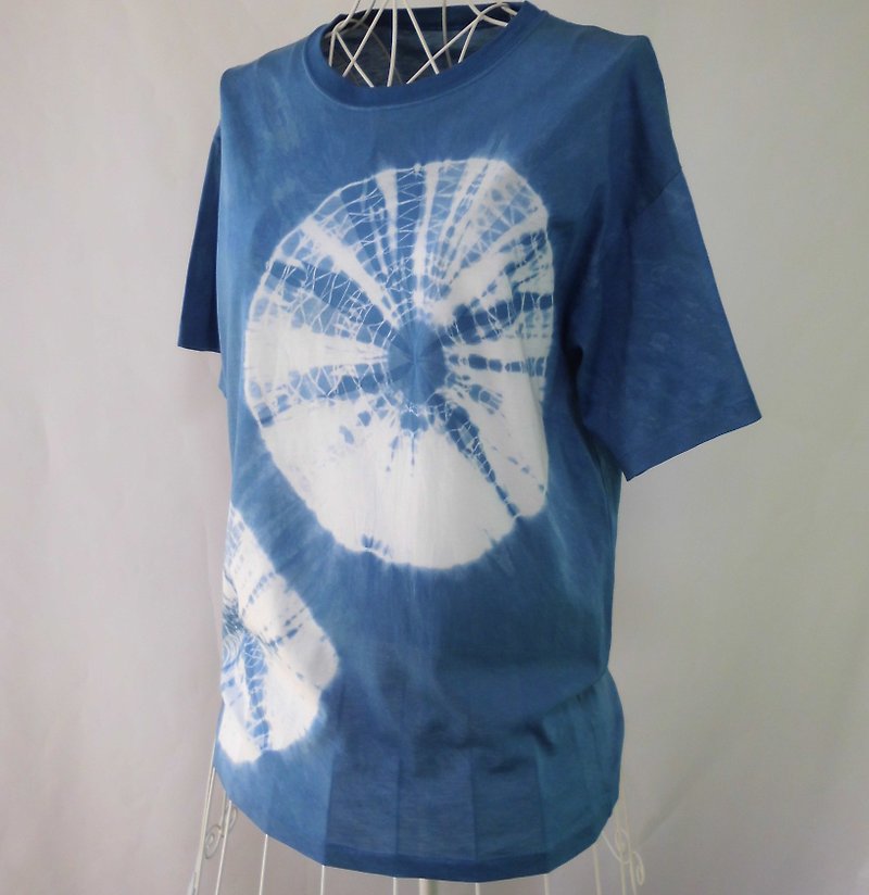 Indigo dyeing, T-shirt_5, tie dyeing, Supima cotton, L, unisex - เสื้อยืดผู้หญิง - ผ้าฝ้าย/ผ้าลินิน สีน้ำเงิน