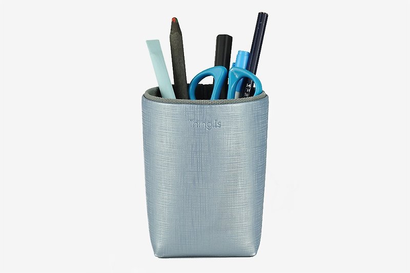 Pencil Holder, Brush Holder, Storage Box, Desk Organization, Silver Blue - กล่องใส่ปากกา - หนังเทียม สีน้ำเงิน