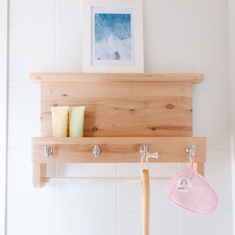Bathroom shelf for accessories with towel drying rail, with hooks for clothes - 居家收納/收納盒/儲物盒 - 木頭 
