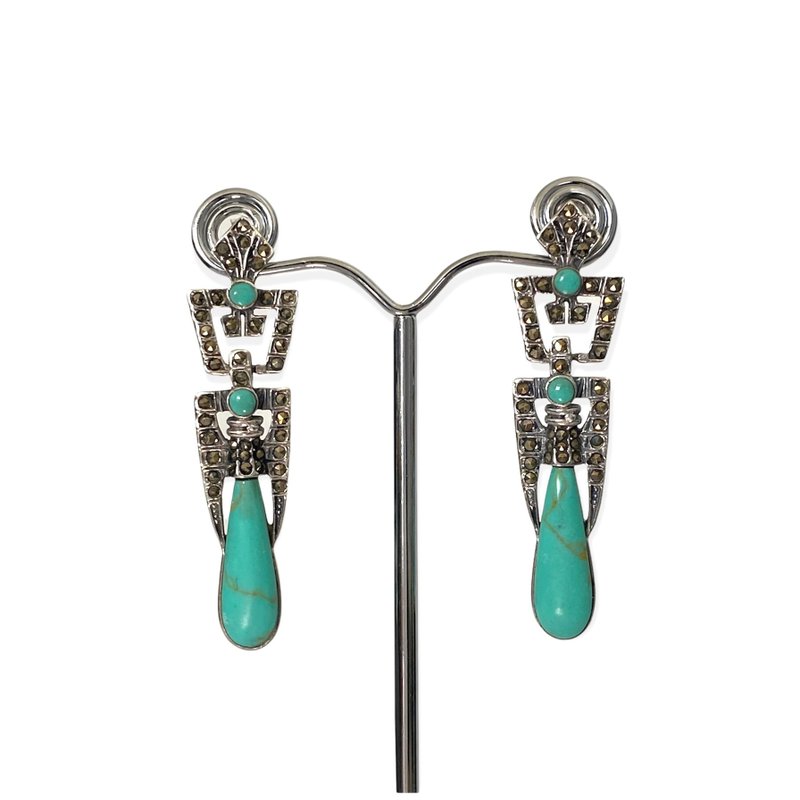 Art Deco Style Turquoise with Marcasite Drop Earrings / Set 925 Sterling Silver - ต่างหู - เงินแท้ สีเขียว