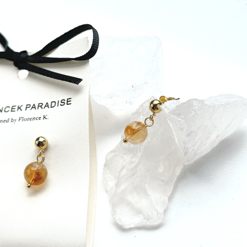 Citrine Stone Lucky Earrings - ต่างหู - คริสตัล สีทอง