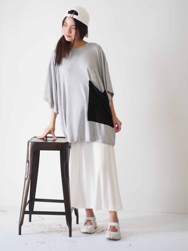 ByTheSea T Dress Side Slit - GreyBlack - 女 T 恤 - 棉．麻 灰色