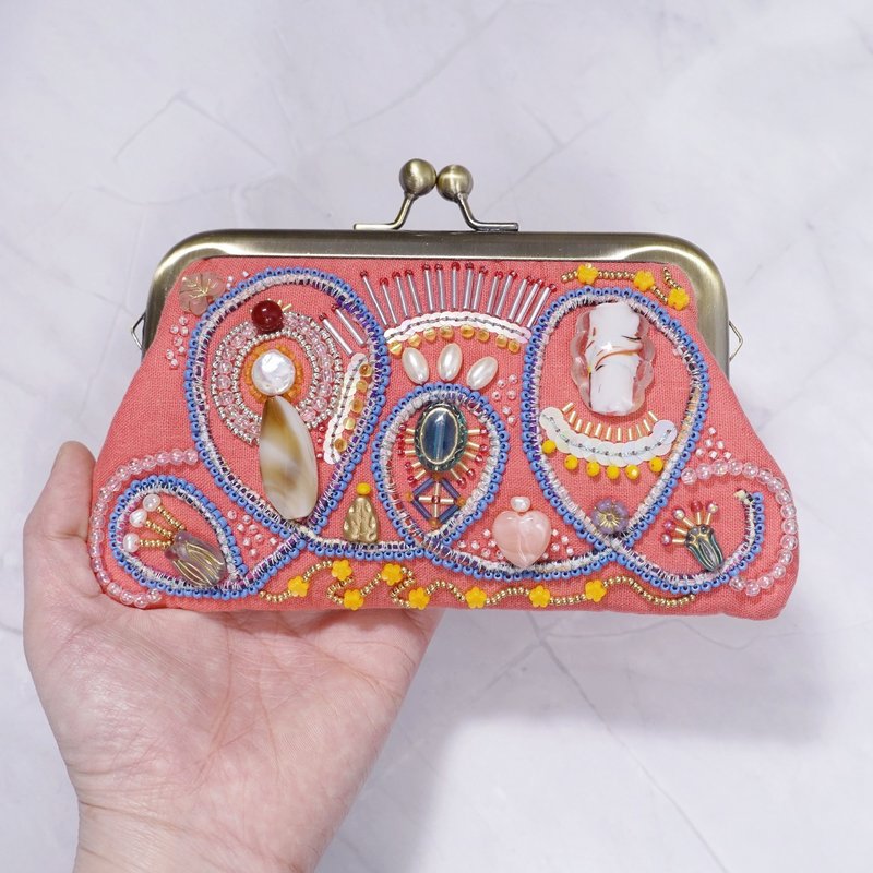 Sparkle and Statement Purse No.4, Orange Pink Gauze, Beaded Embroidery, - Toiletry Bags & Pouches - Cotton & Hemp Orange