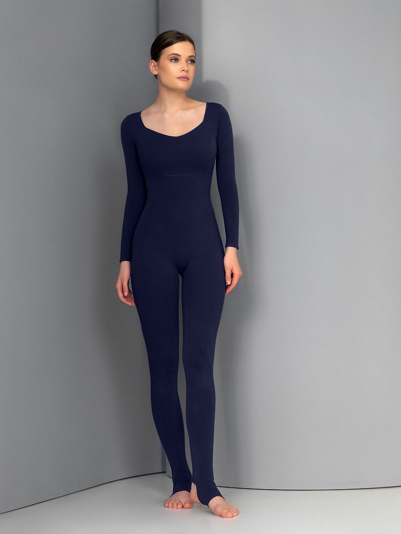 Yoga bodysuit, unitard #425. Organic cotton jumpsuit. Fitness suit. Yoga wear - 吊帶褲/連身褲 - 棉．麻 藍色