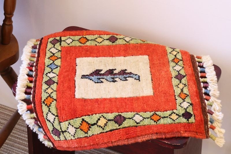 Orange hand-woven carpet Cushion size Wool & plant dyeing - ผ้าห่ม - วัสดุอื่นๆ สีส้ม