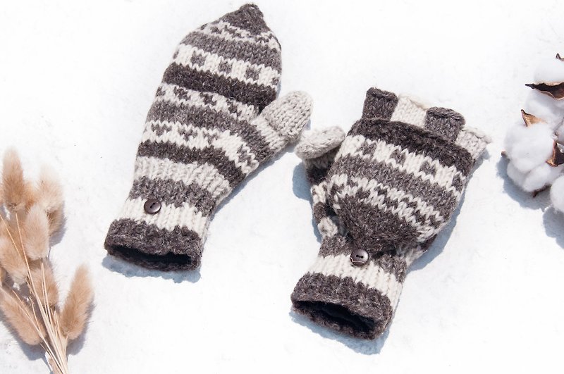 手織純羊毛針織手套/可拆卸手套/內刷毛手套/保暖手套-日本拿鐵色 - 手套/手襪 - 羊毛 多色
