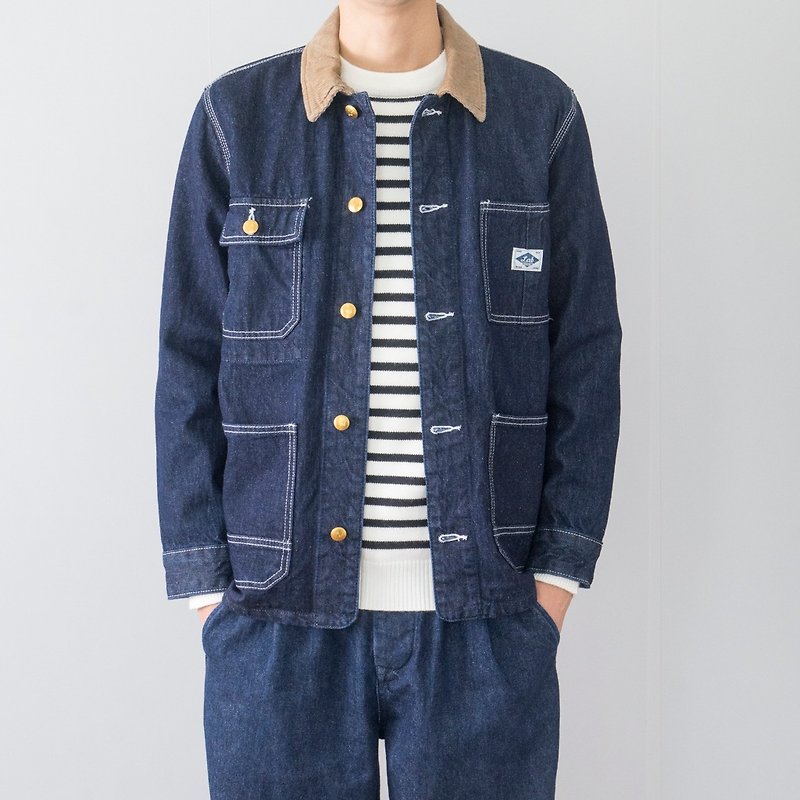 Japanese fashion American tooling pocket denim jacket corduroy collar denim jacket - Men's Coats & Jackets - Cotton & Hemp Blue