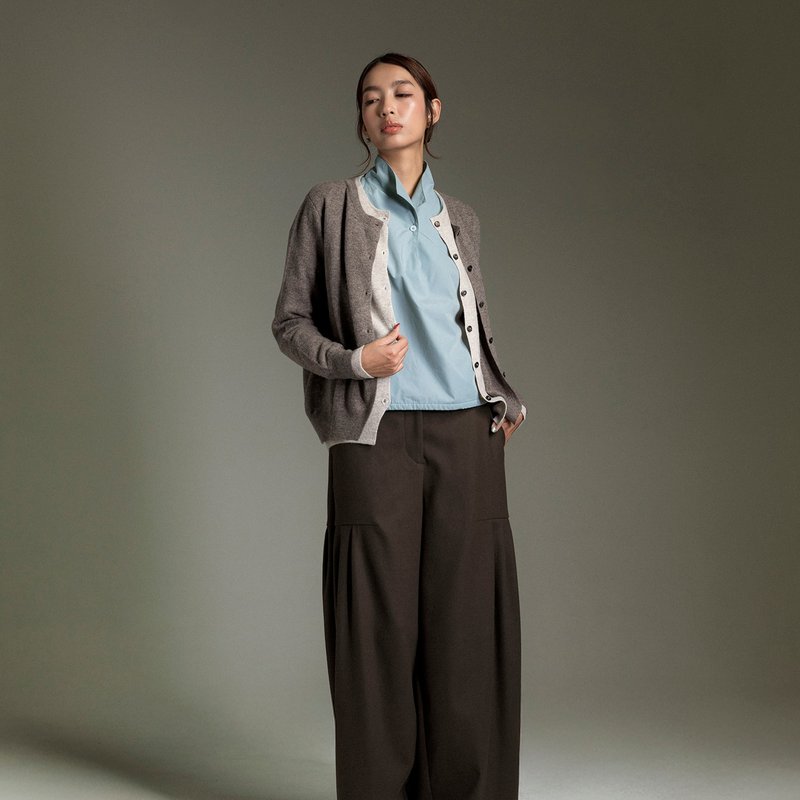 跳色滾邊開襟針織外套 - 女毛衣/針織衫 - 其他材質 咖啡色