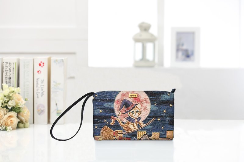 多功能手拿包  手機袋  防潑水  /  平織緹花 魔女小星貓 - 手拿包 - 防水材質 