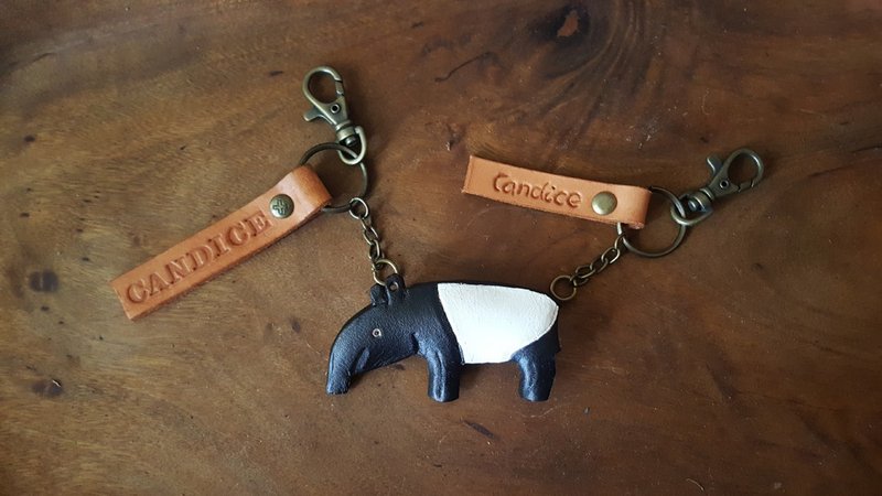 Lovely Malay Tapir Pure Leather Keyring-Engraved Name - Keychains - Genuine Leather Black