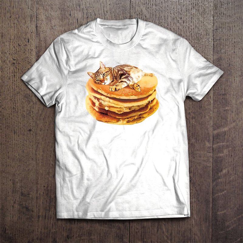Cat Sweets T-shirt Cat Pancake - เสื้อยืดผู้หญิง - ผ้าฝ้าย/ผ้าลินิน ขาว