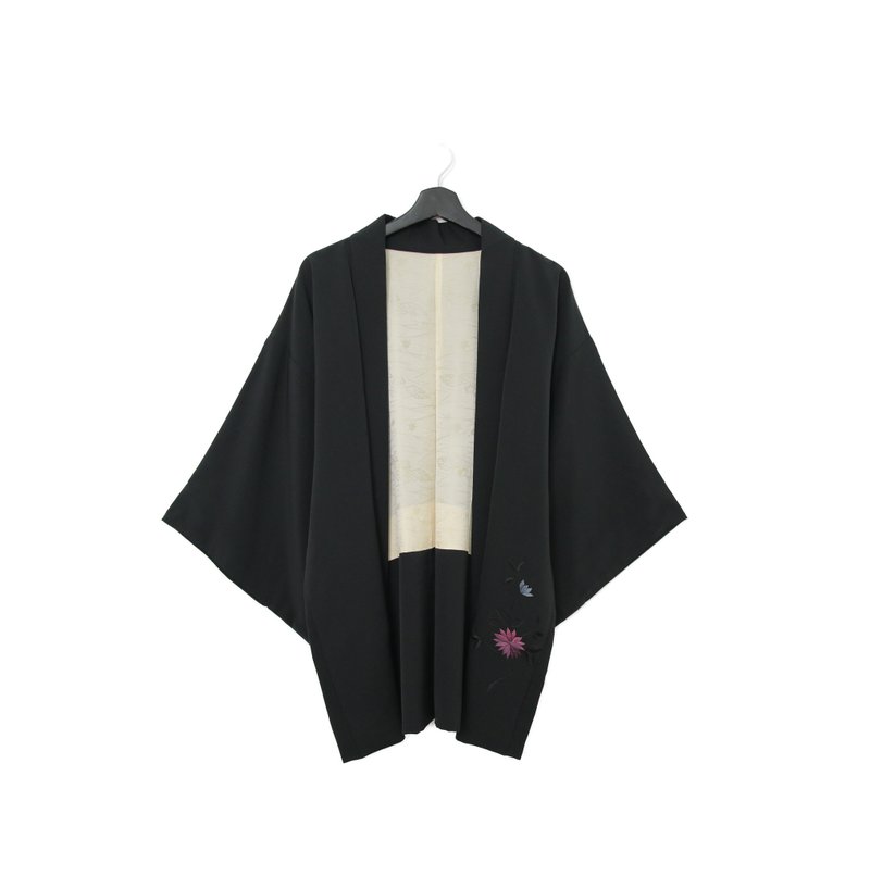 Back to Green-日本帶回羽織 刺繡藍粉花 kb-52/vintage kimono - 女大衣/外套 - 絲．絹 
