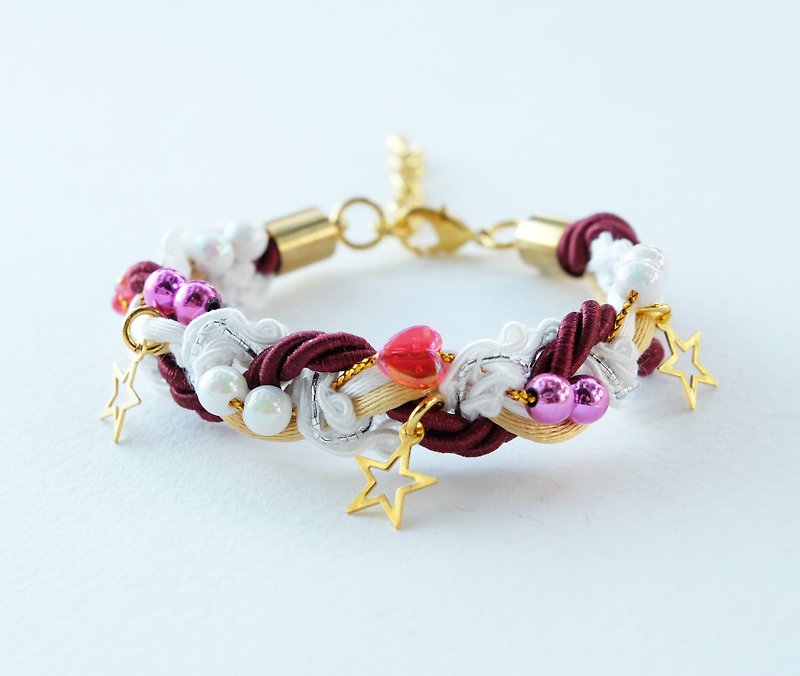 Christmas gift collection ,Red/White/Gold braided rope and beads bracelet with stars - Bracelets - Other Materials Red