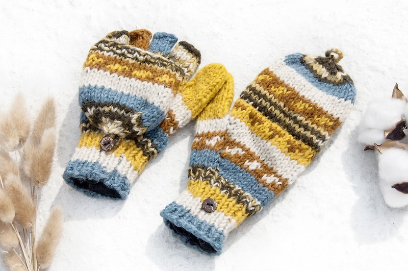 Hand-knitted pure wool knit gloves / detachable gloves / inner bristled gloves / warm gloves - Nordic sunshine - Gloves & Mittens - Wool Multicolor