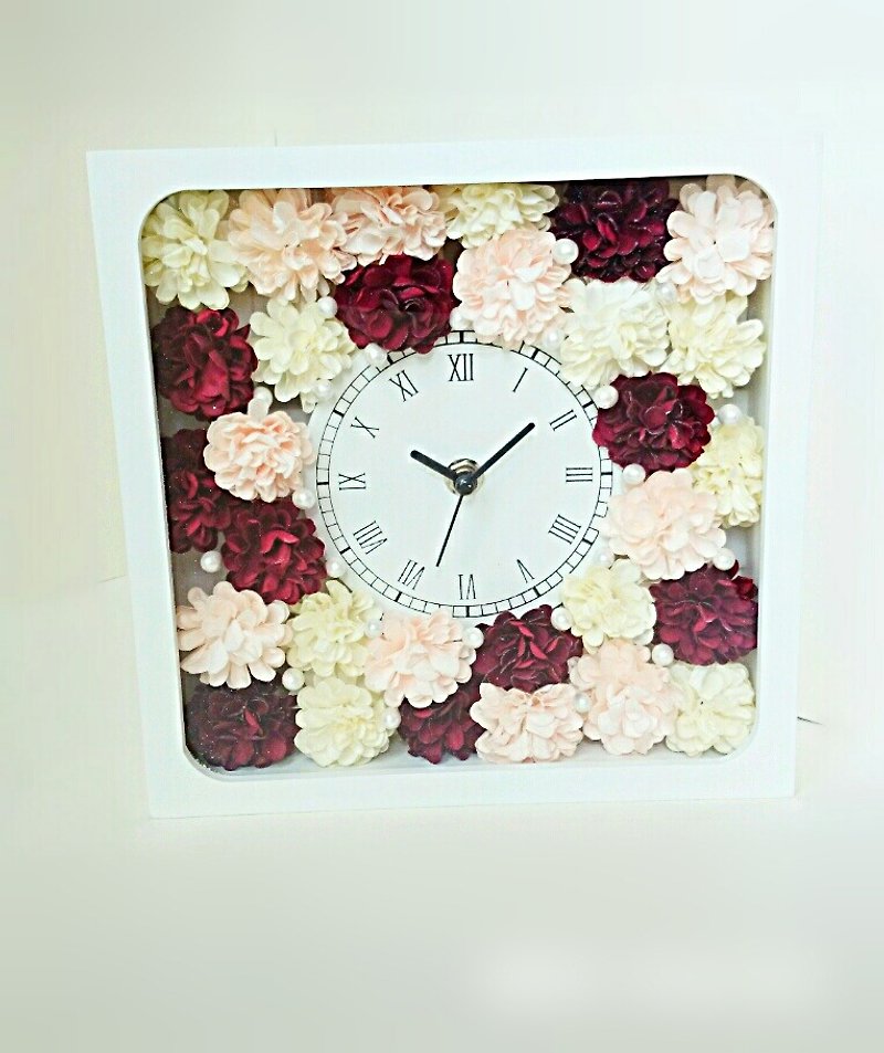 Flower Clock Square (White) Carnation (Red Mix) - Clocks - Wood Red