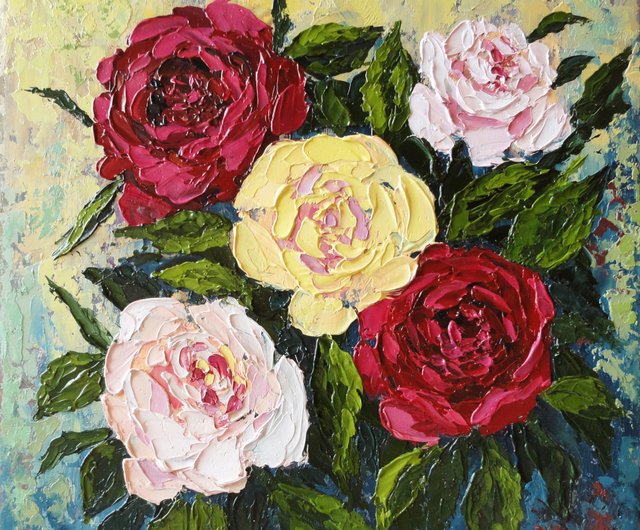 バラの油絵花のオリジナルアート厚塗り絵画花のアート by