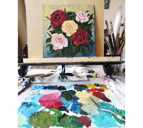 作者不詳　Hattari 油彩画 バラの花束 作者不詳 Hattari 油彩画 バラの花束