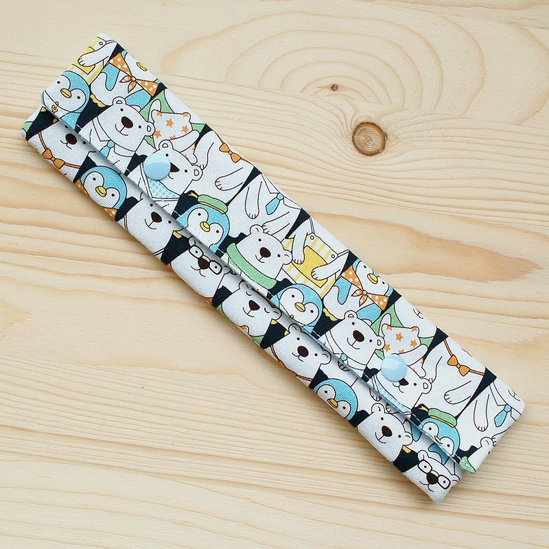 企鵝北極熊橫式筷袋餐具組/三件組 - 筷子/筷架 - 棉．麻 藍色